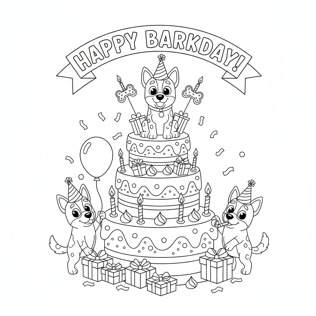A cartoon blue heeler puppy birthday party celebration cake - Free Printable Coloring Page A cartoon blue heeler puppy birthday party celebration cake - Free Printable Coloring Page