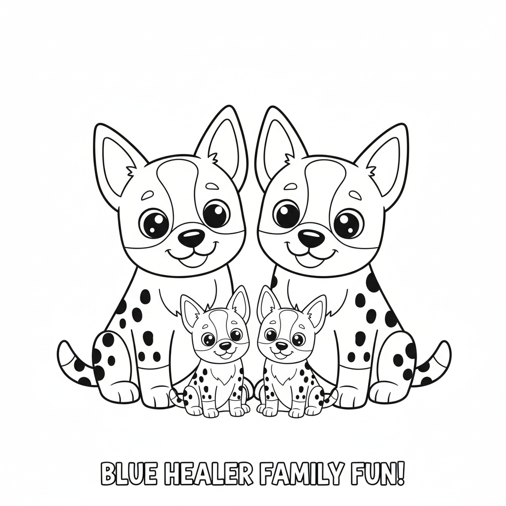A cartoon blue heeler puppy family portrait all together smiling - Free Printable Coloring Page