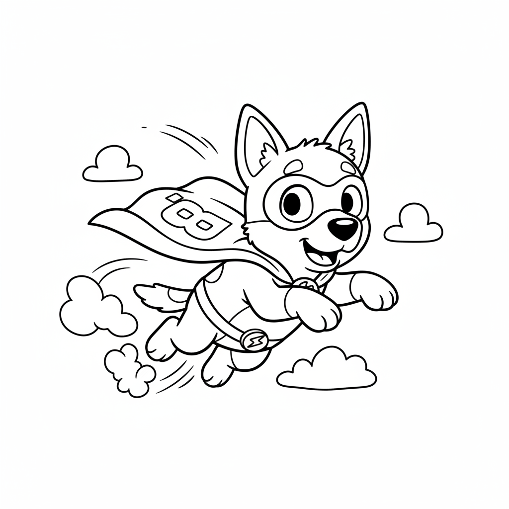 A cartoon blue heeler puppy pretending to be a superhero flying - Free Printable Coloring Page A cartoon blue heeler puppy pretending to be a superhero flying - Free Printable Coloring Page