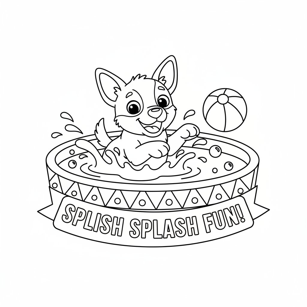 A cartoon blue heeler puppy swimming and splashing at the pool - Free Printable Coloring Page A cartoon blue heeler puppy swimming and splashing at the pool - Free Printable Coloring Page