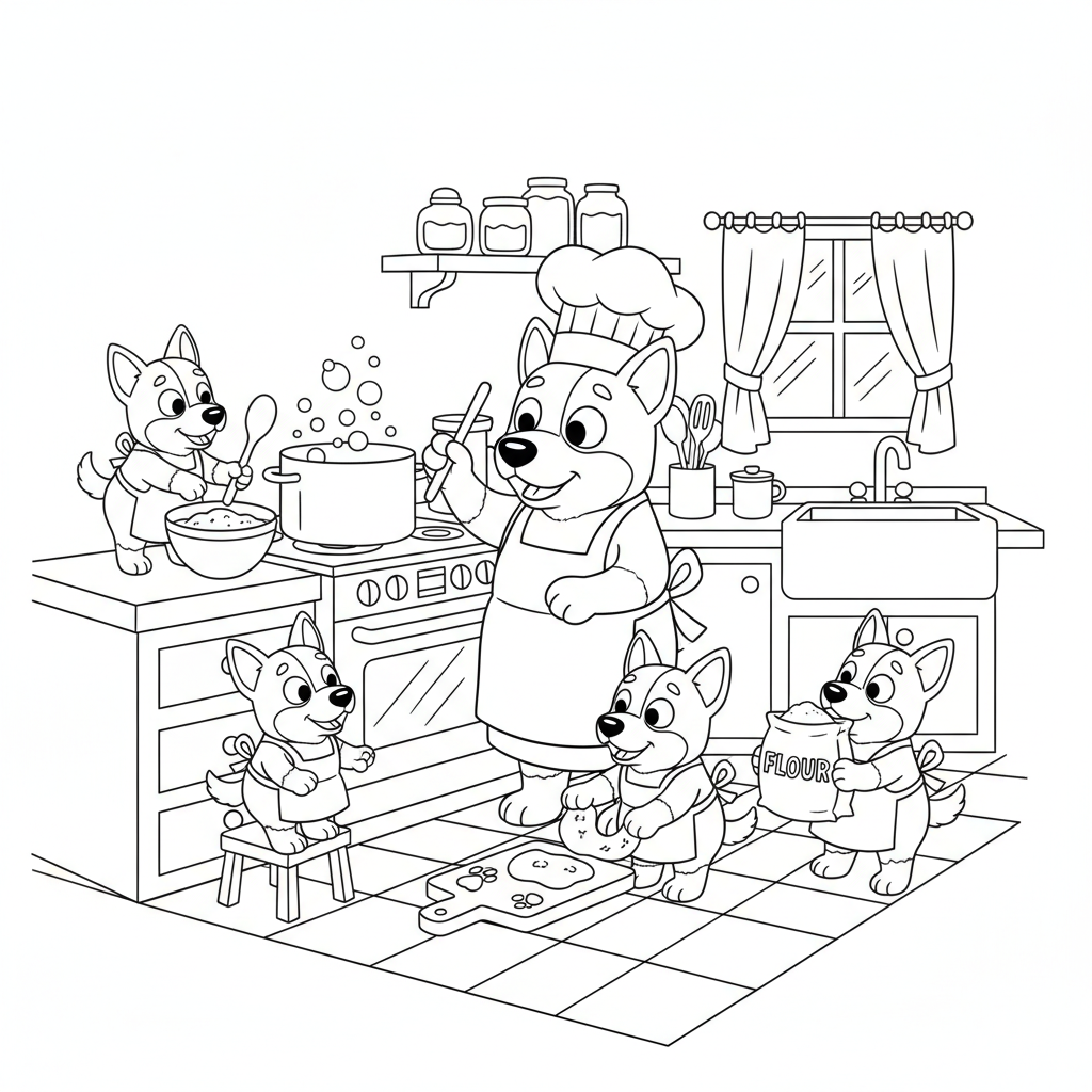 A mum heeler dog cooking in kitchen with puppies helping - Free Printable Coloring Page