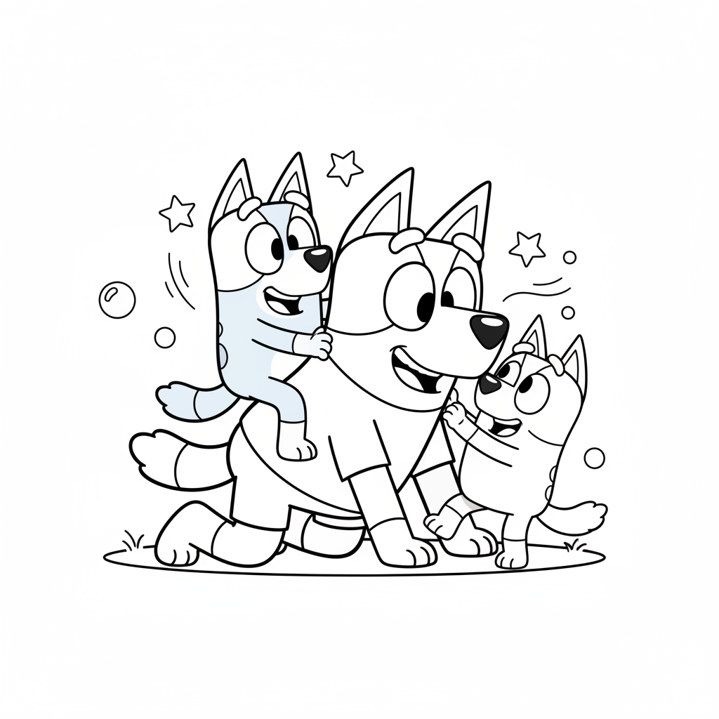 Bandit dad playing with Bluey and Bingo fun - Free Printable Coloring Page Bandit dad playing with Bluey and Bingo fun - Free Printable Coloring Page