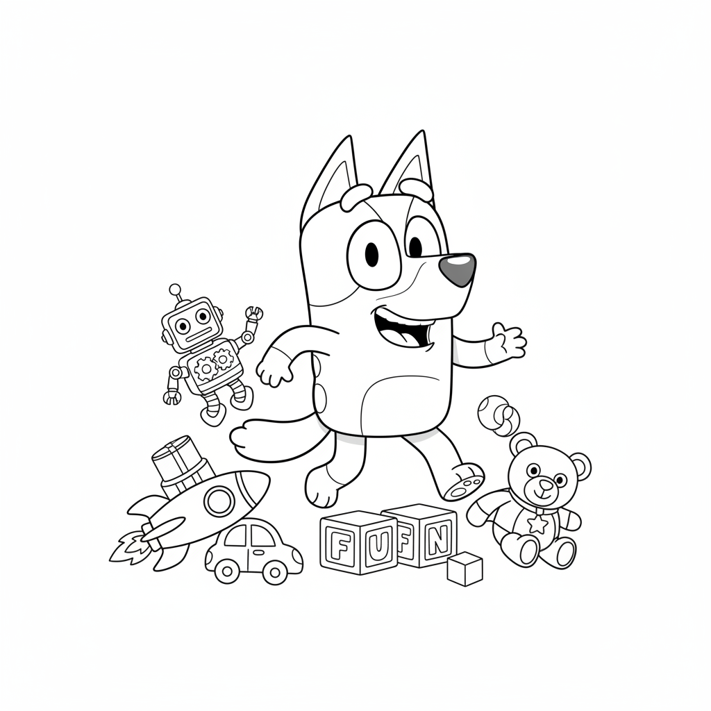 Bluey playing with her toys excited and joyful - Free Printable Coloring Page Bluey playing with her toys excited and joyful - Free Printable Coloring Page