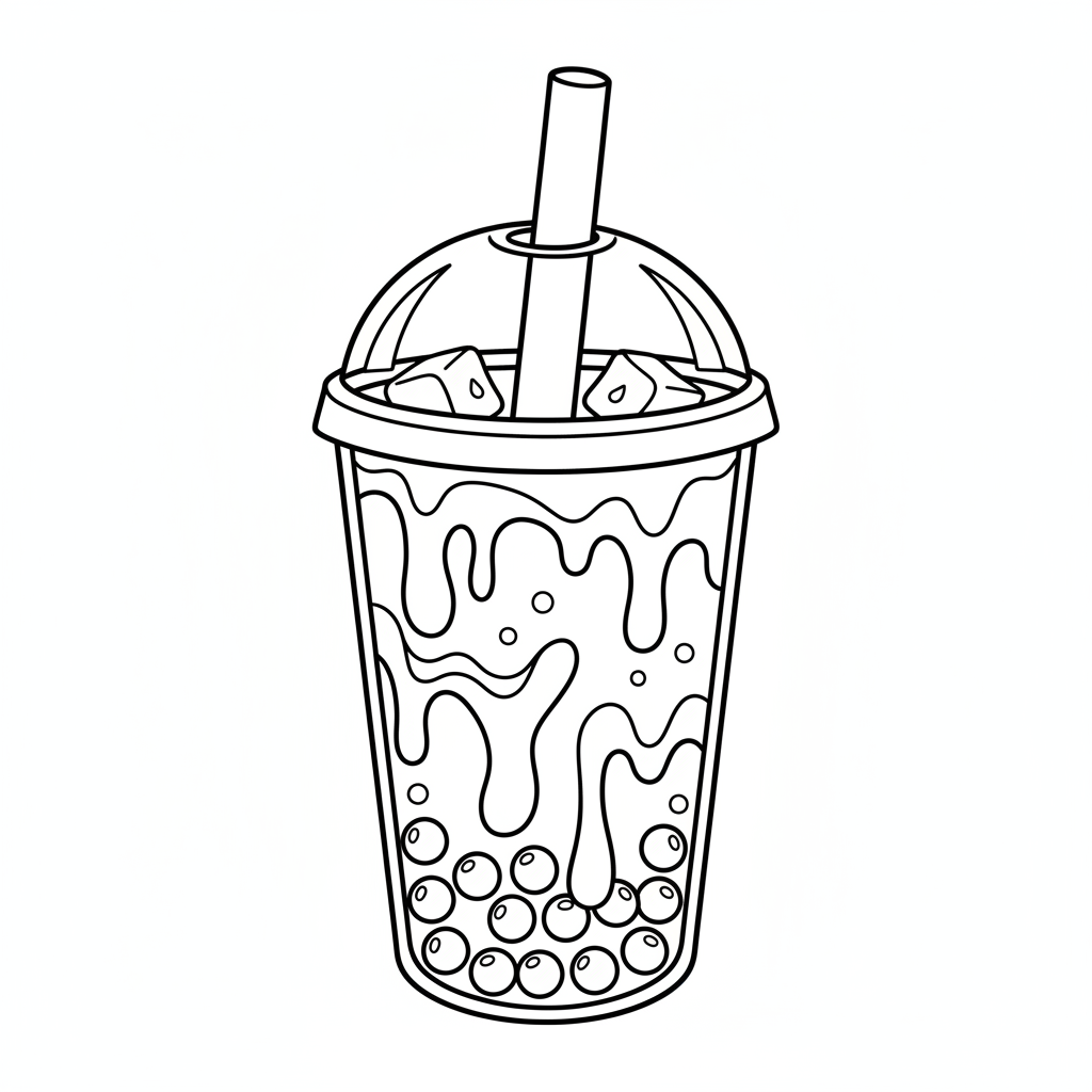 Boba clásica de té con leche con azúcar morena goteando del vaso - Página para colorear gratis Boba clásica de té con leche con azúcar morena goteando del vaso - Página para colorear gratis