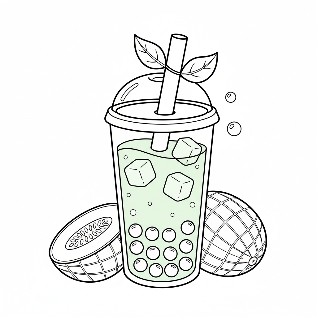 Honeydew meloen boba thee, een lichtgroene, verfrissende drank. - Gratis afdrukbare kleurplaat Honeydew meloen boba thee, een lichtgroene, verfrissende drank. - Gratis afdrukbare kleurplaat