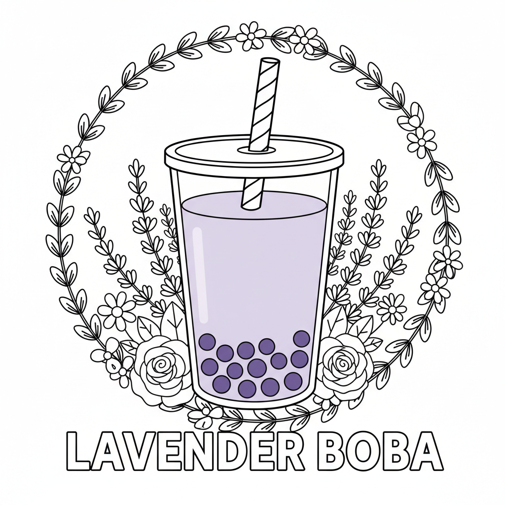 Lavender boba tea purple with floral decorations pretty - Free Printable Coloring Page Lavender boba tea purple with floral decorations pretty - Free Printable Coloring Page