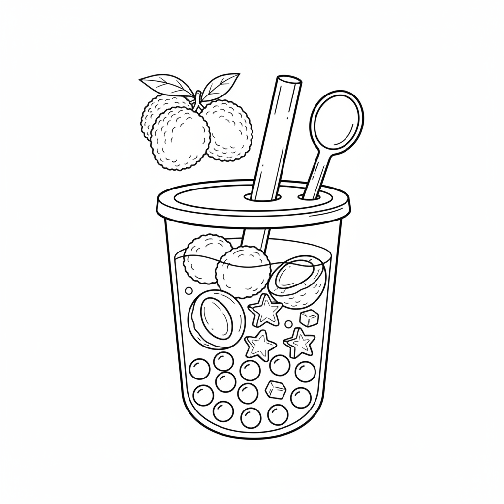 Lychee boba tea clear and pretty with fruit pieces - Free Printable Coloring Page Lychee boba tea clear and pretty with fruit pieces - Free Printable Coloring Page