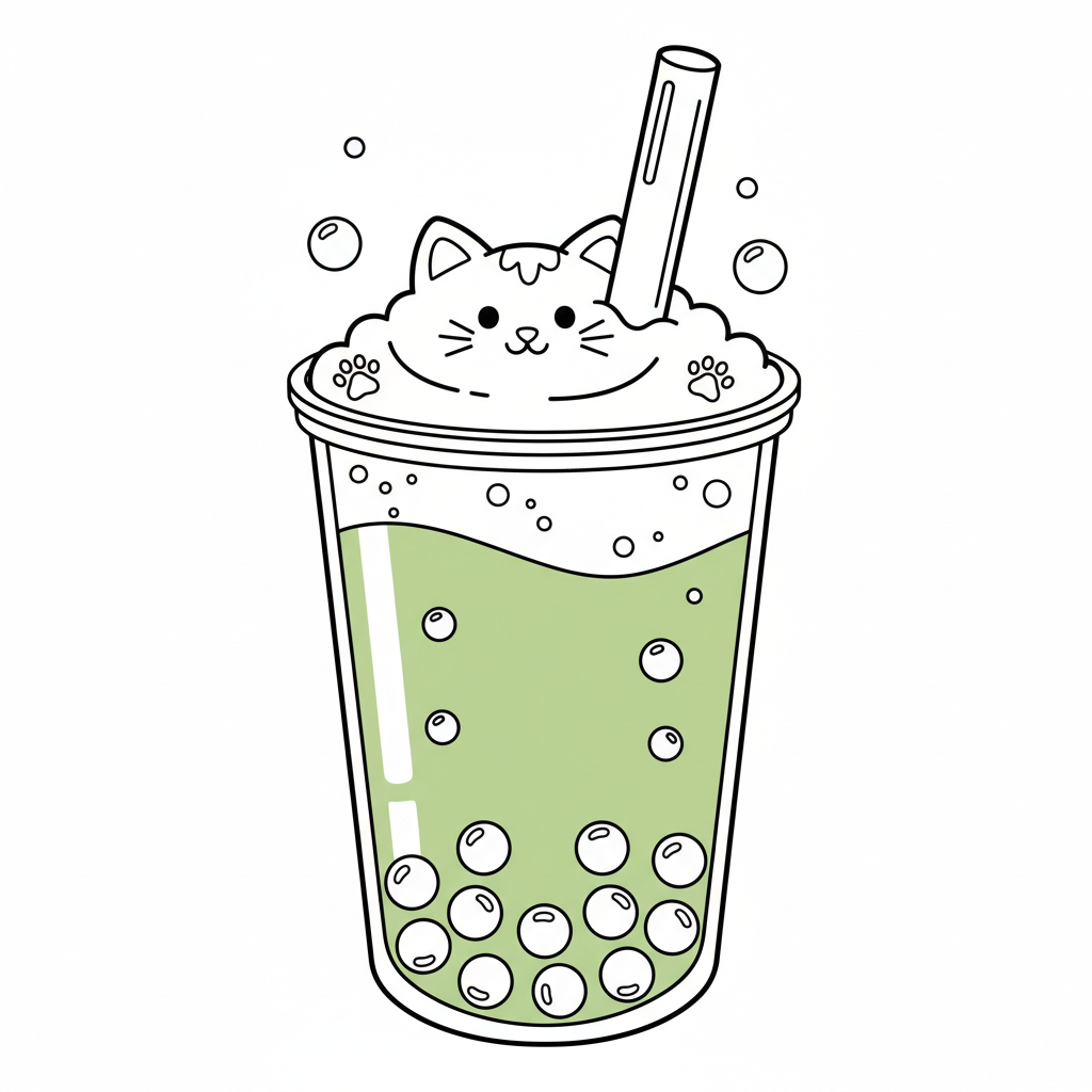 Boba al tè verde matcha con schiuma artistica e perle - Disegno da colorare gratuito Boba al tè verde matcha con schiuma artistica e perle - Disegno da colorare gratuito