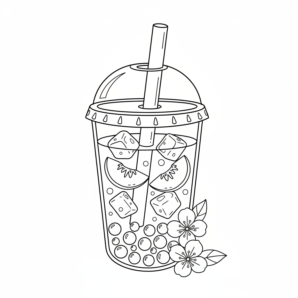 Tè boba alla pesca con fette di pesca e perle di tapioca - Disegno da colorare gratuito Tè boba alla pesca con fette di pesca e perle di tapioca - Disegno da colorare gratuito