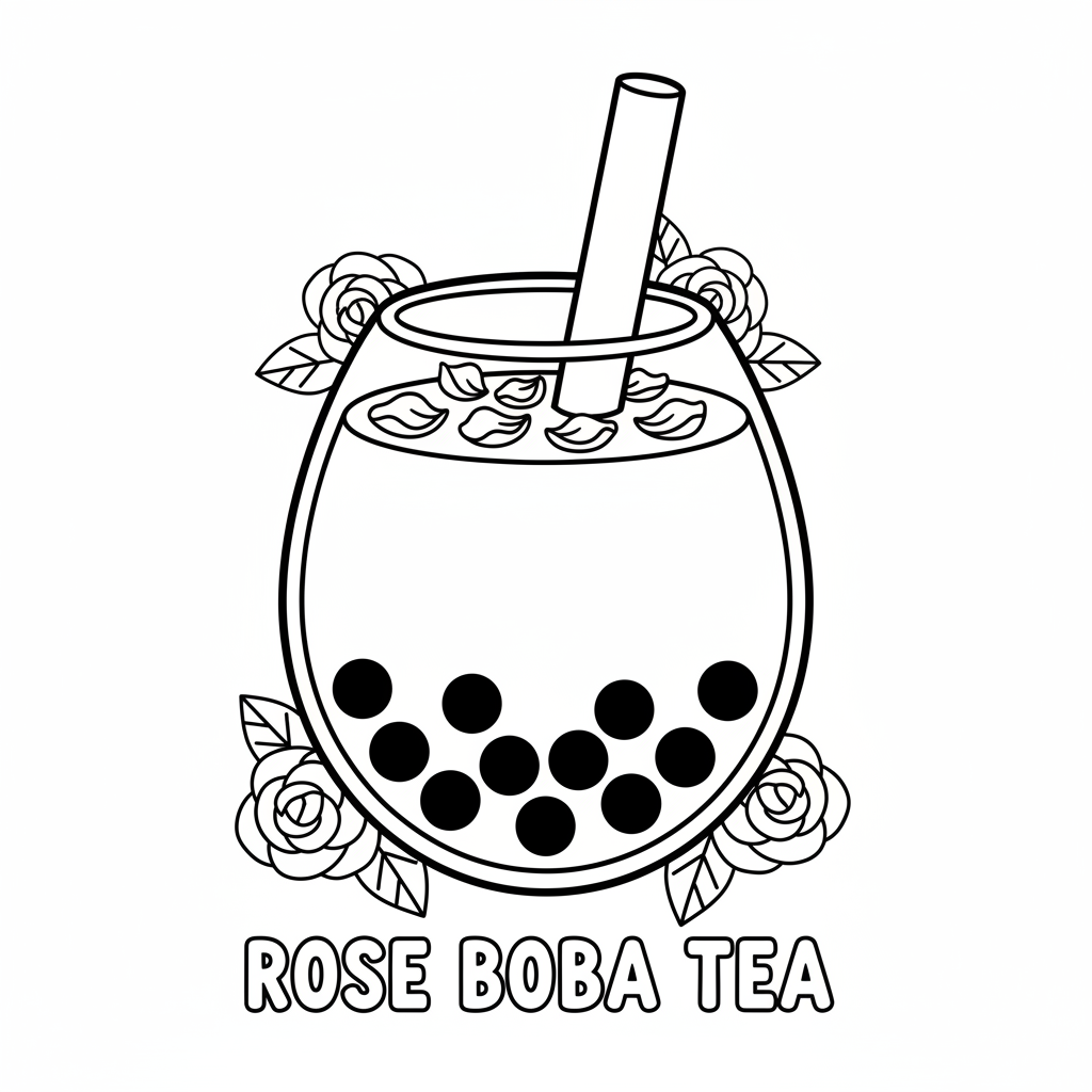 Tè alla rosa boba rosa con petali di rosa essiccati galleggianti - Disegno da colorare gratuito Tè alla rosa boba rosa con petali di rosa essiccati galleggianti - Disegno da colorare gratuito