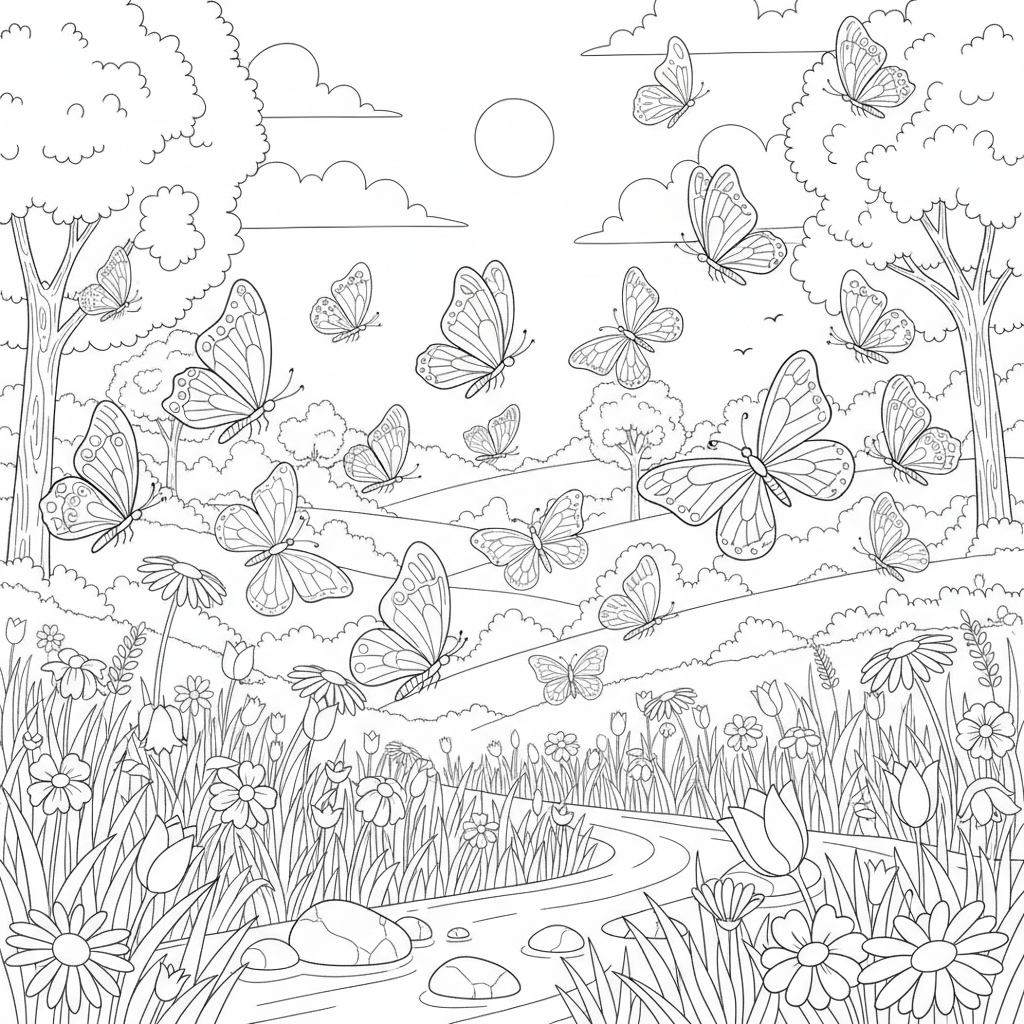 Butterflies Dancing In Meadow - Free Printable Coloring Page Butterflies Dancing In Meadow - Free Printable Coloring Page