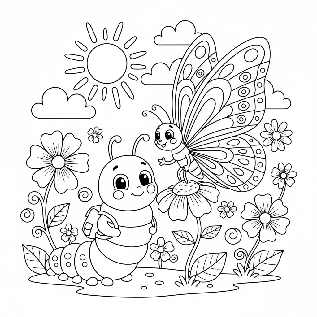 Butterfly And Caterpillar Friends - Free Printable Coloring Page Butterfly And Caterpillar Friends - Free Printable Coloring Page