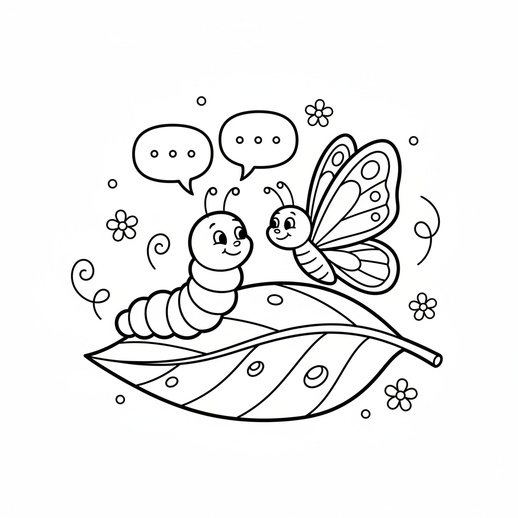 Butterfly and caterpillar friends chatting on leaf together - Free Printable Coloring Page
