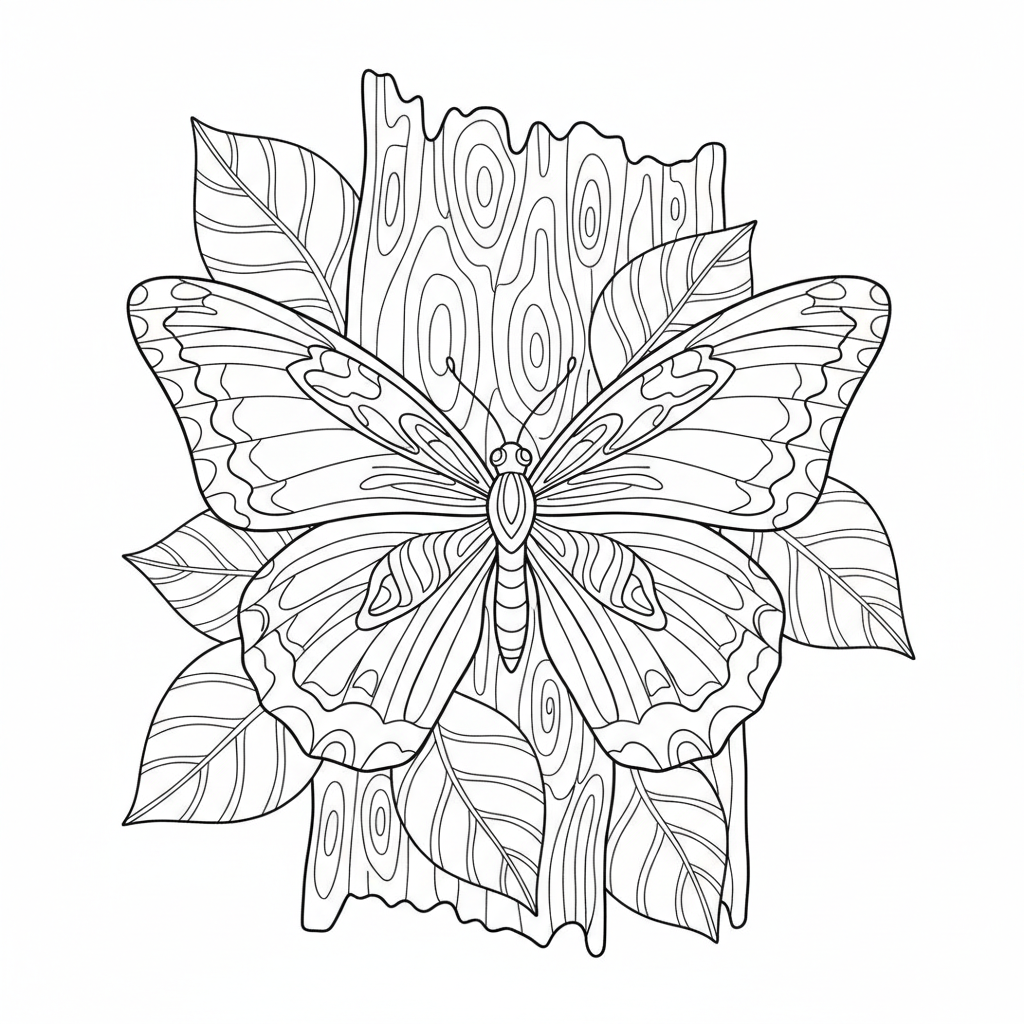 Camuflaje de mariposa oculto en el patrón de la hoja de la corteza de un árbol - Free Printable Coloring Page Camuflaje de mariposa oculto en el patrón de la hoja de la corteza de un árbol - Free Printable Coloring Page