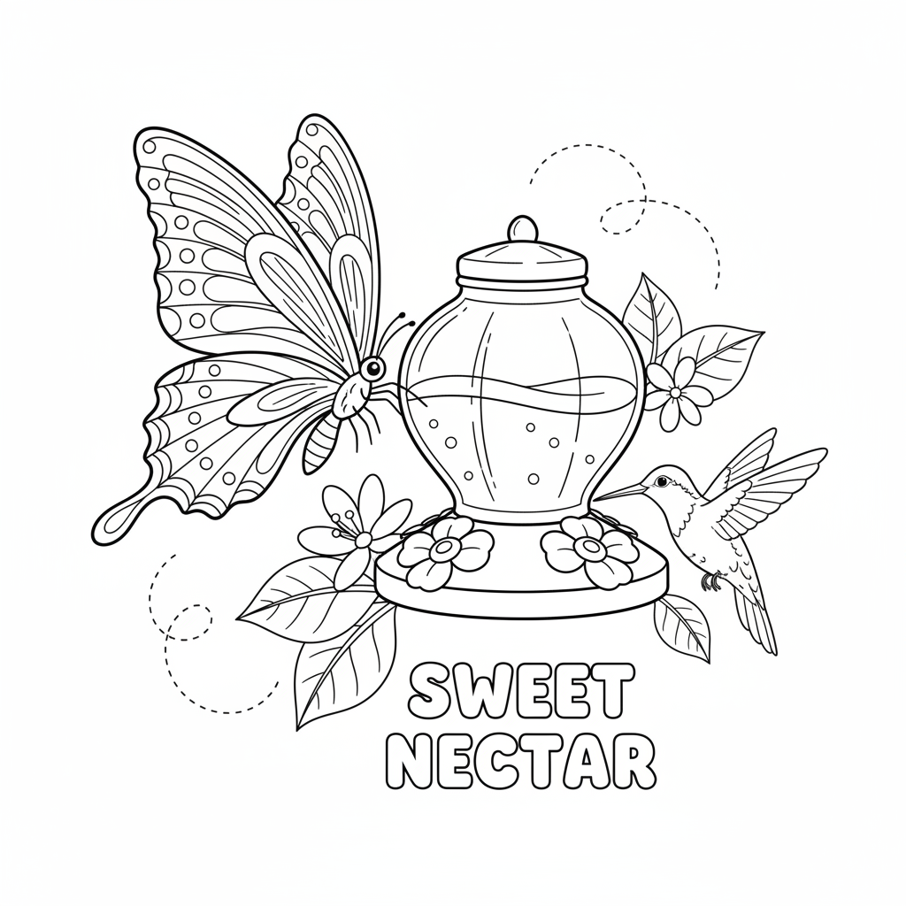 Fjäril dricker nektar från kolibrimatare - Gratis utskrivbar målarbild Fjäril dricker nektar från kolibrimatare - Gratis utskrivbar målarbild