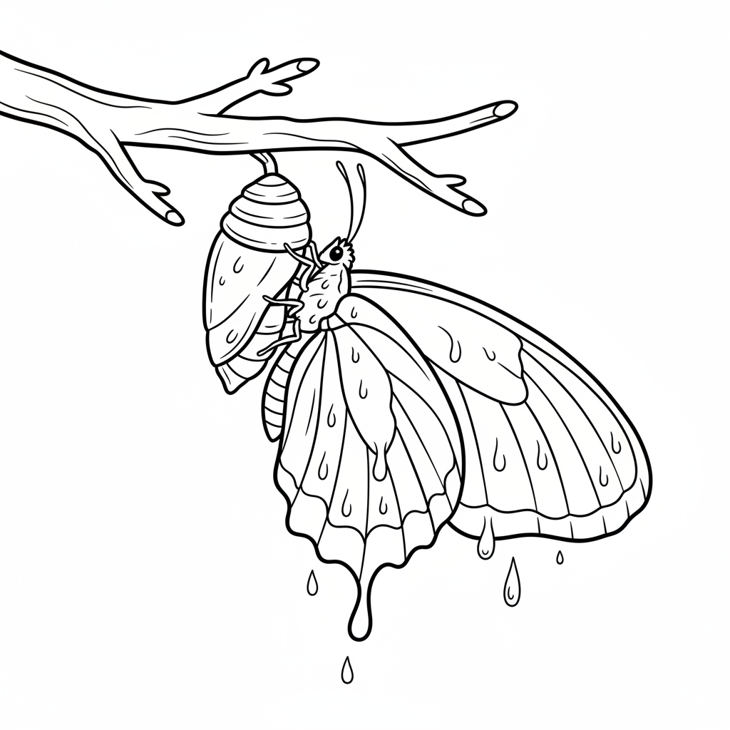 Farfalla che emerge dalla crisalide, ali ancora bagnate, nuove - Disegno da colorare gratuito Farfalla che emerge dalla crisalide, ali ancora bagnate, nuove - Disegno da colorare gratuito