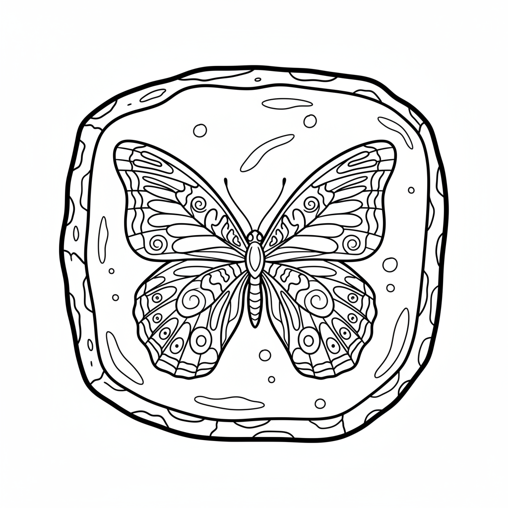 Butterfly fossil ancient amber preserved prehistoric insect - Free Printable Coloring Page