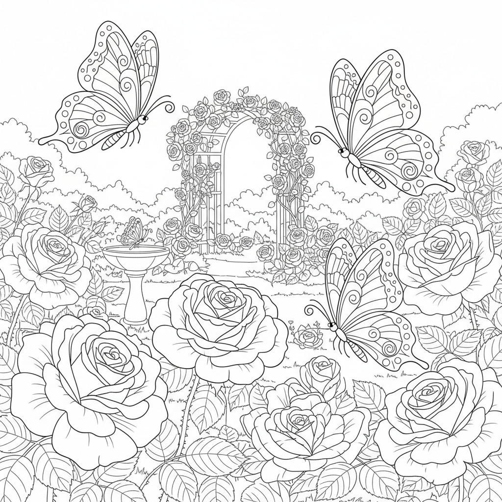 Butterfly Garden With Roses - Free Printable Coloring Page Butterfly Garden With Roses - Free Printable Coloring Page