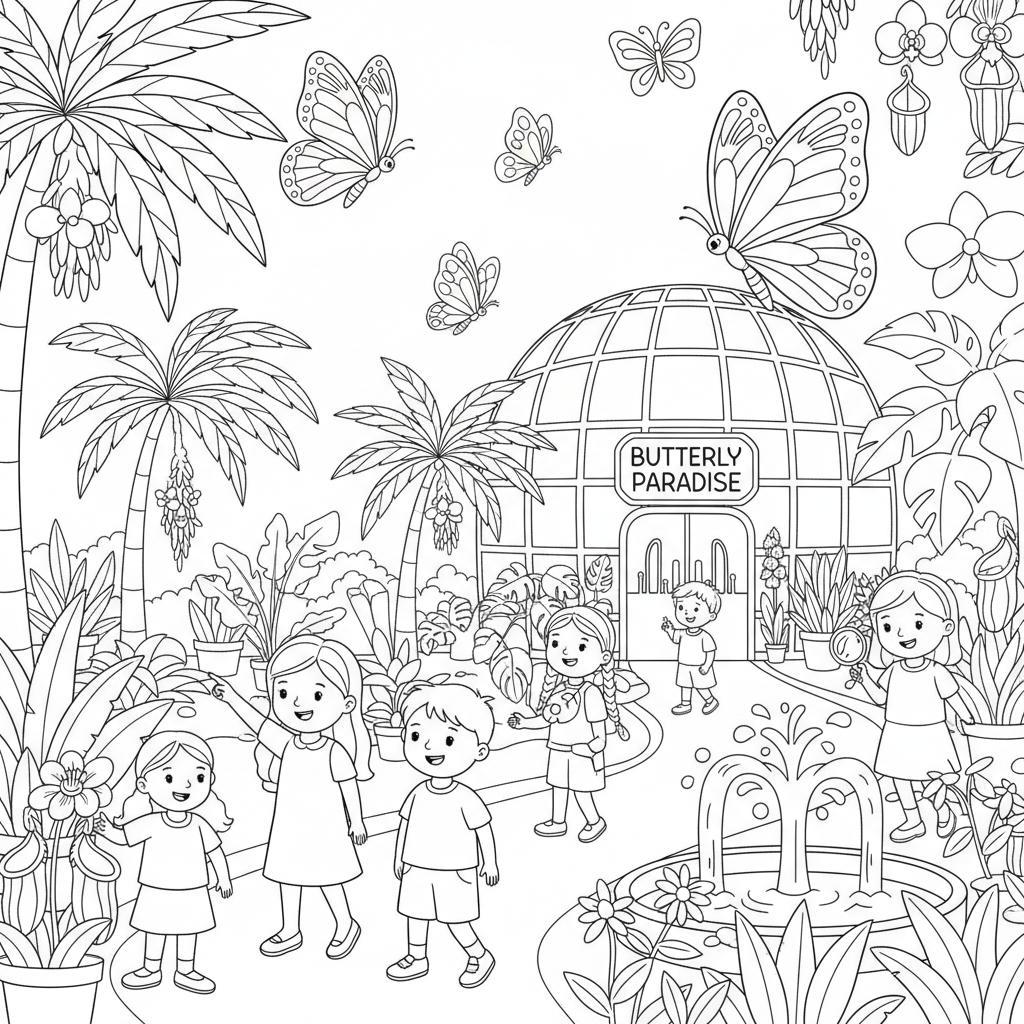 Mariposario invernadero plantas tropicales visitantes - Free Printable Coloring Page Mariposario invernadero plantas tropicales visitantes - Free Printable Coloring Page