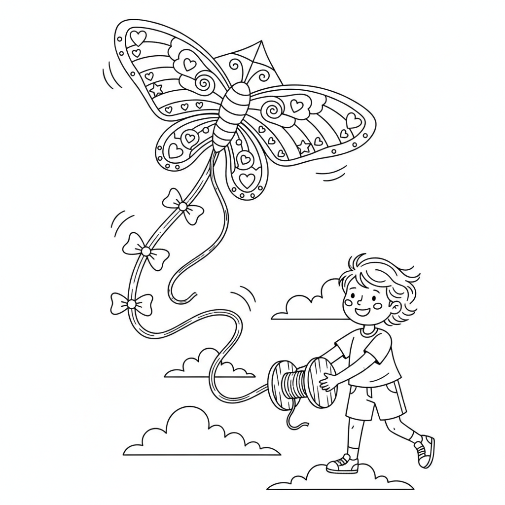 Cometa de mariposa volando en el viento, cuerda colorida sostenida por un niño - Free Printable Coloring Page Cometa de mariposa volando en el viento, cuerda colorida sostenida por un niño - Free Printable Coloring Page