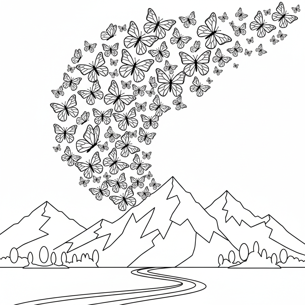 Enjambre de mariposas migrando volando sobre la cordillera (épico) - Página para colorear gratis Enjambre de mariposas migrando volando sobre la cordillera (épico) - Página para colorear gratis