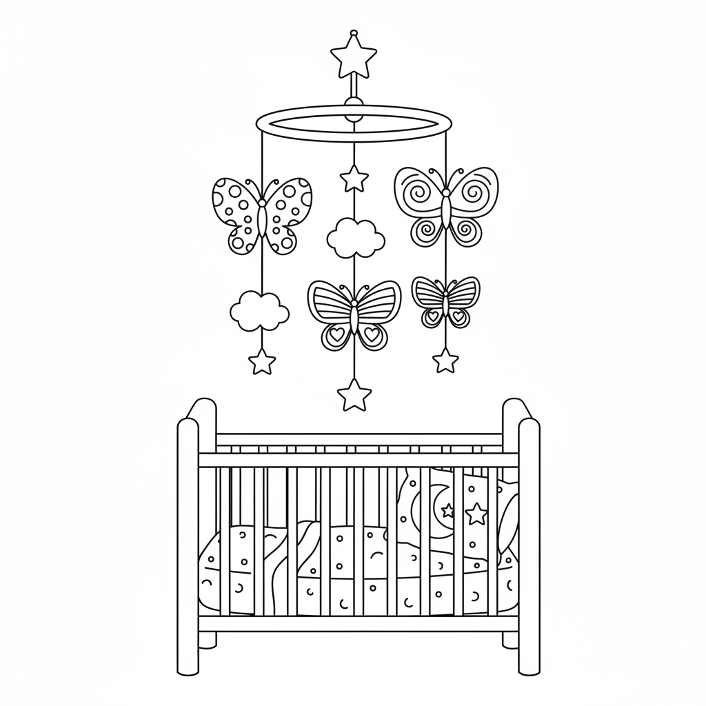 Butterfly mobile hanging over baby crib nursery decor - Free Printable Coloring Page