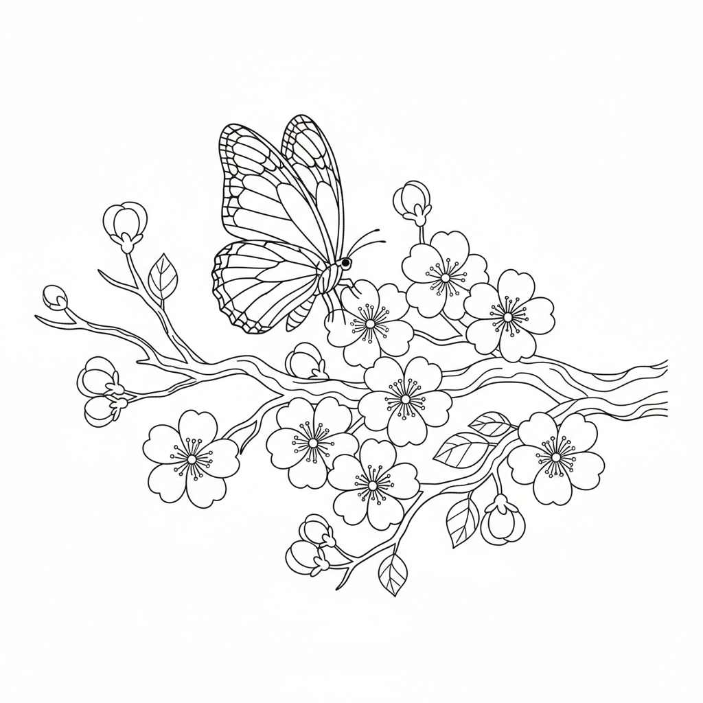 Butterfly On Cherry Blossom Branch - Free Printable Coloring Page Butterfly On Cherry Blossom Branch - Free Printable Coloring Page