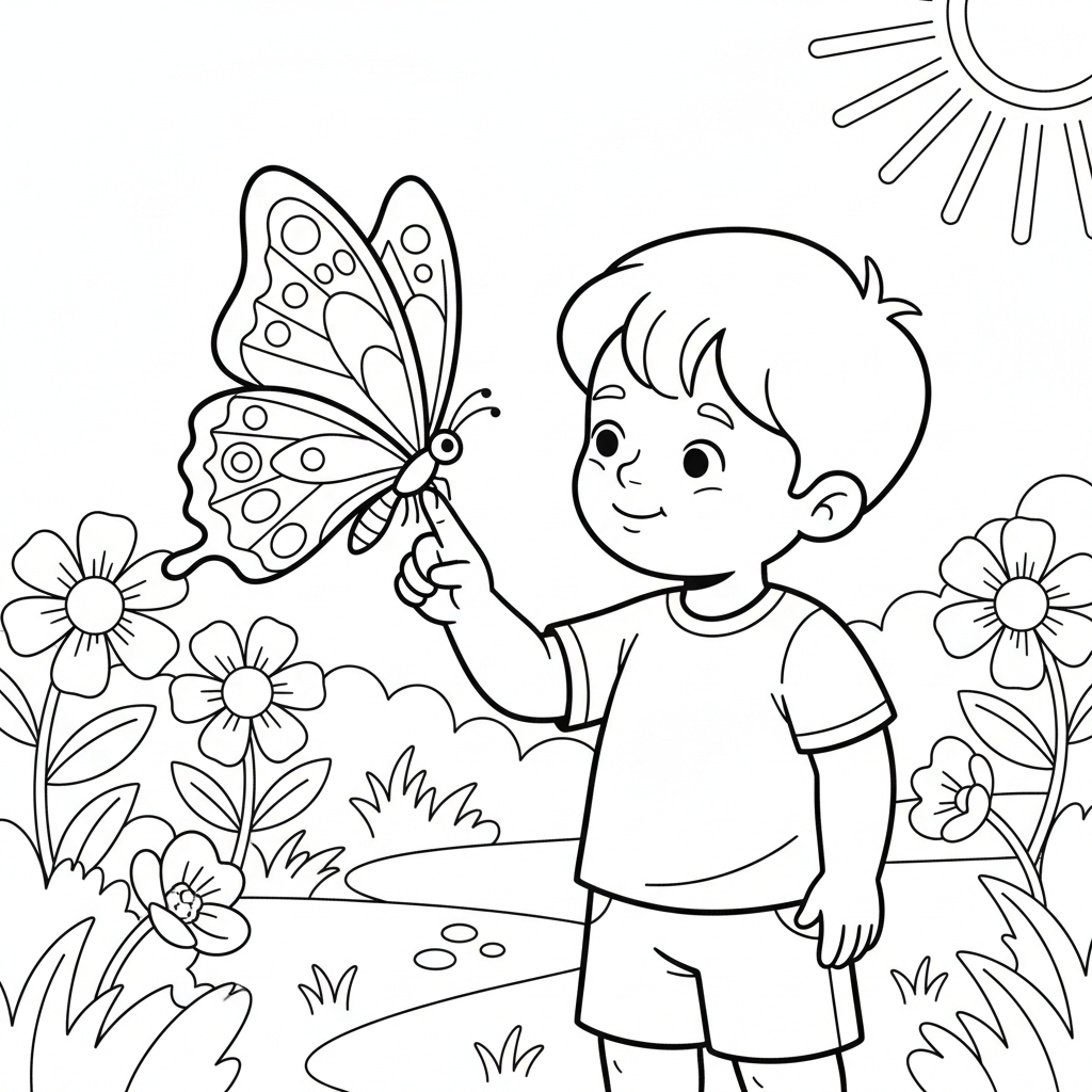 Mariposa en el dedo del niño, momento de suave confianza en el jardín - Página para colorear gratis Mariposa en el dedo del niño, momento de suave confianza en el jardín - Página para colorear gratis
