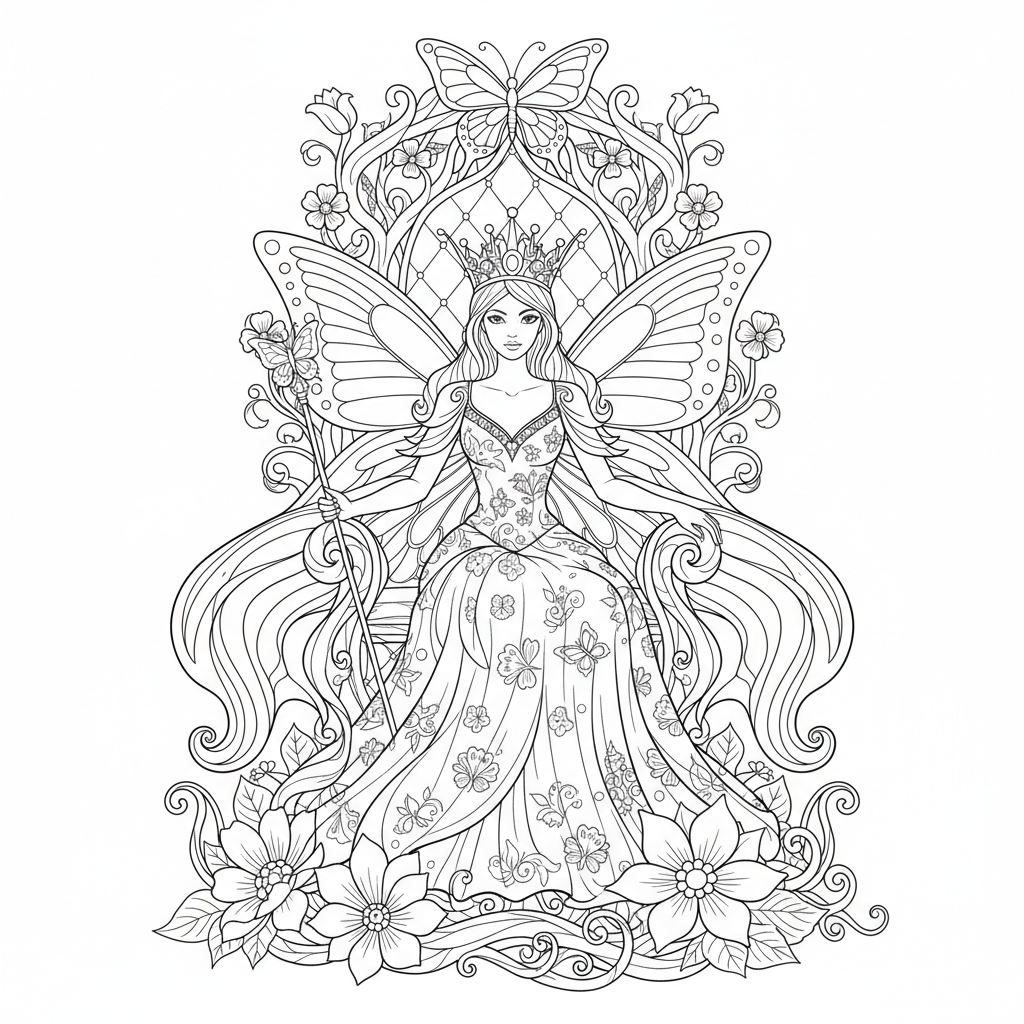 Butterfly Queen On Throne - Free Printable Coloring Page Butterfly Queen On Throne - Free Printable Coloring Page