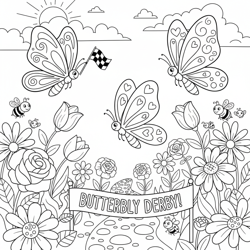 Butterfly racing other butterflies through flower garden - Free Printable Coloring Page