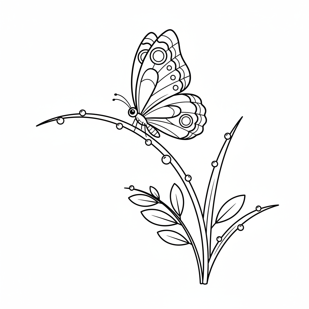 Primo piano di una farfalla posata su un filo d'erba rugiadoso al mattino. - Disegno da colorare gratuito Primo piano di una farfalla posata su un filo d'erba rugiadoso al mattino. - Disegno da colorare gratuito