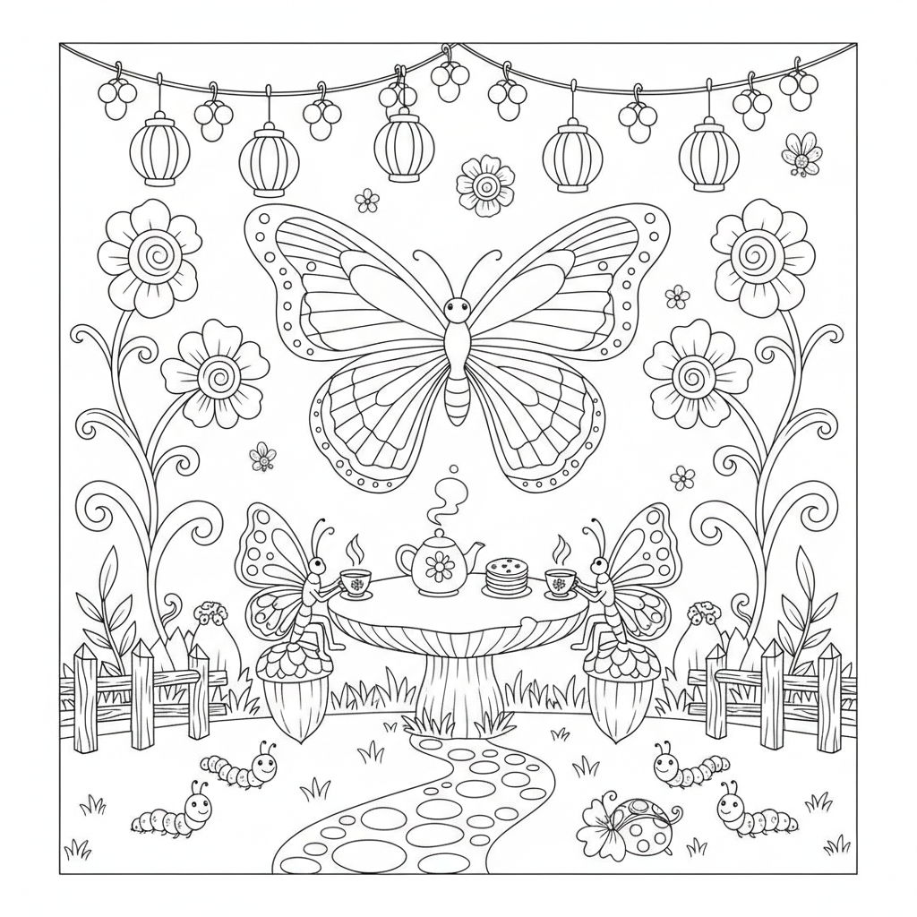 Escena caprichosa de una fiesta de té con mariposas - Página para colorear gratis Escena caprichosa de una fiesta de té con mariposas - Página para colorear gratis