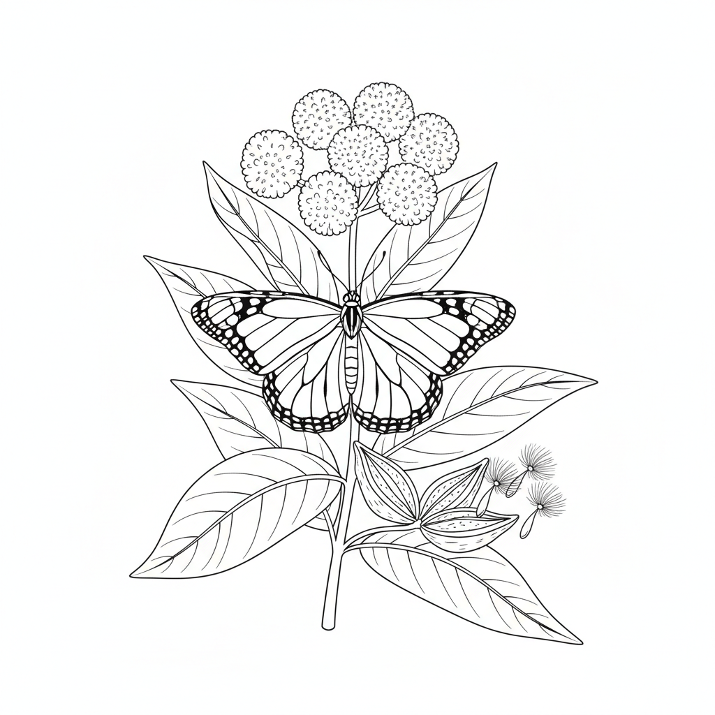 Farfalla monarca su Milkweed - Disegno da colorare gratuito