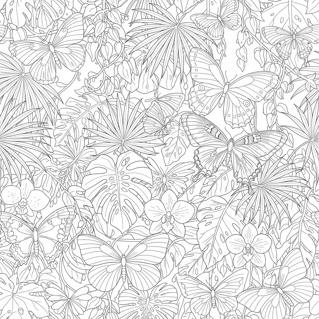 Tropical Butterflies In Rainforest - Free Printable Coloring Page