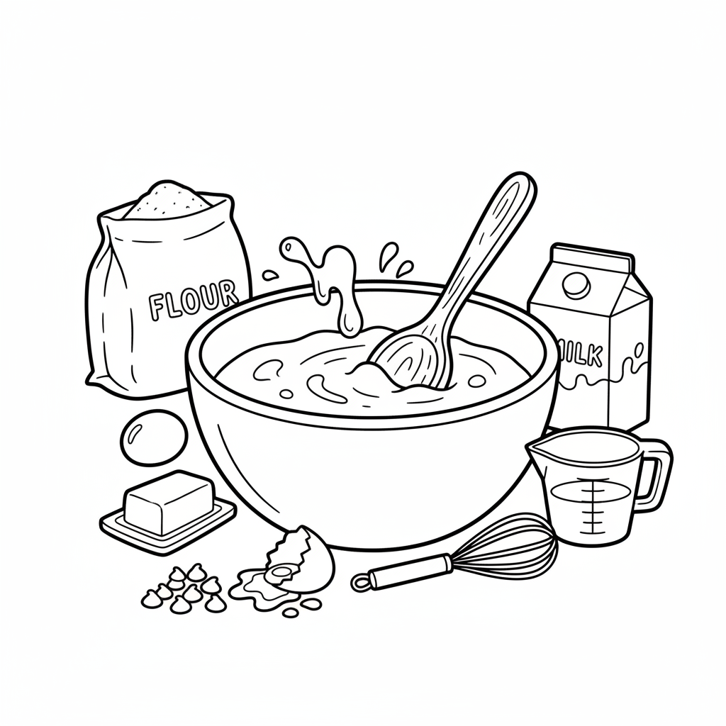 Cake mixing bowl and ingredients baking - Free Printable Coloring Page Cake mixing bowl and ingredients baking - Free Printable Coloring Page
