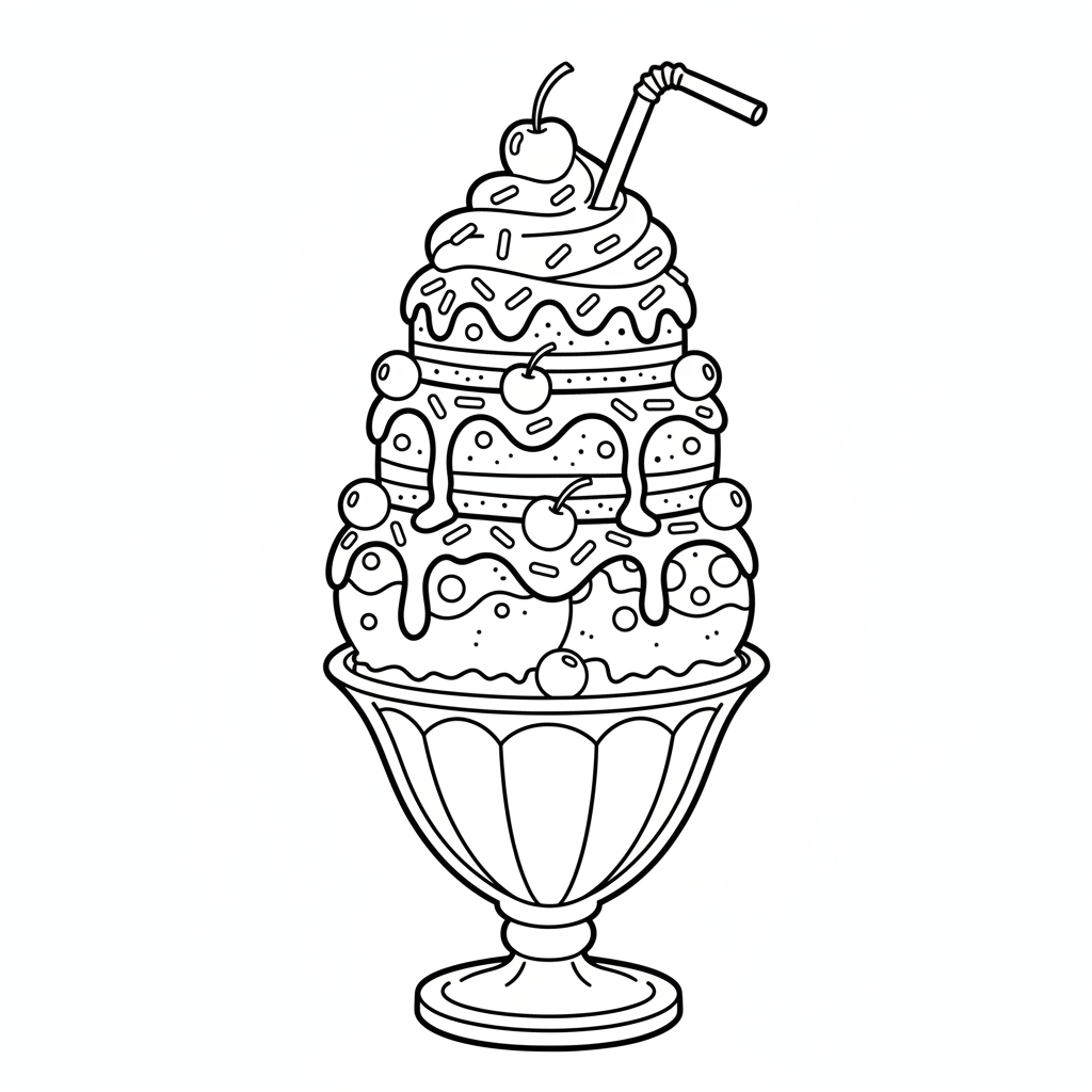 Cake shaped like giant ice cream sundae dessert tower - Free Printable Coloring Page