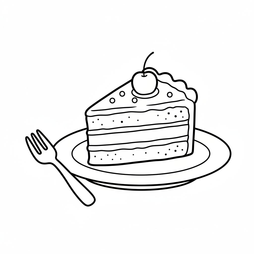 Cake slice on plate fork ready - Free Printable Coloring Page Cake slice on plate fork ready - Free Printable Coloring Page