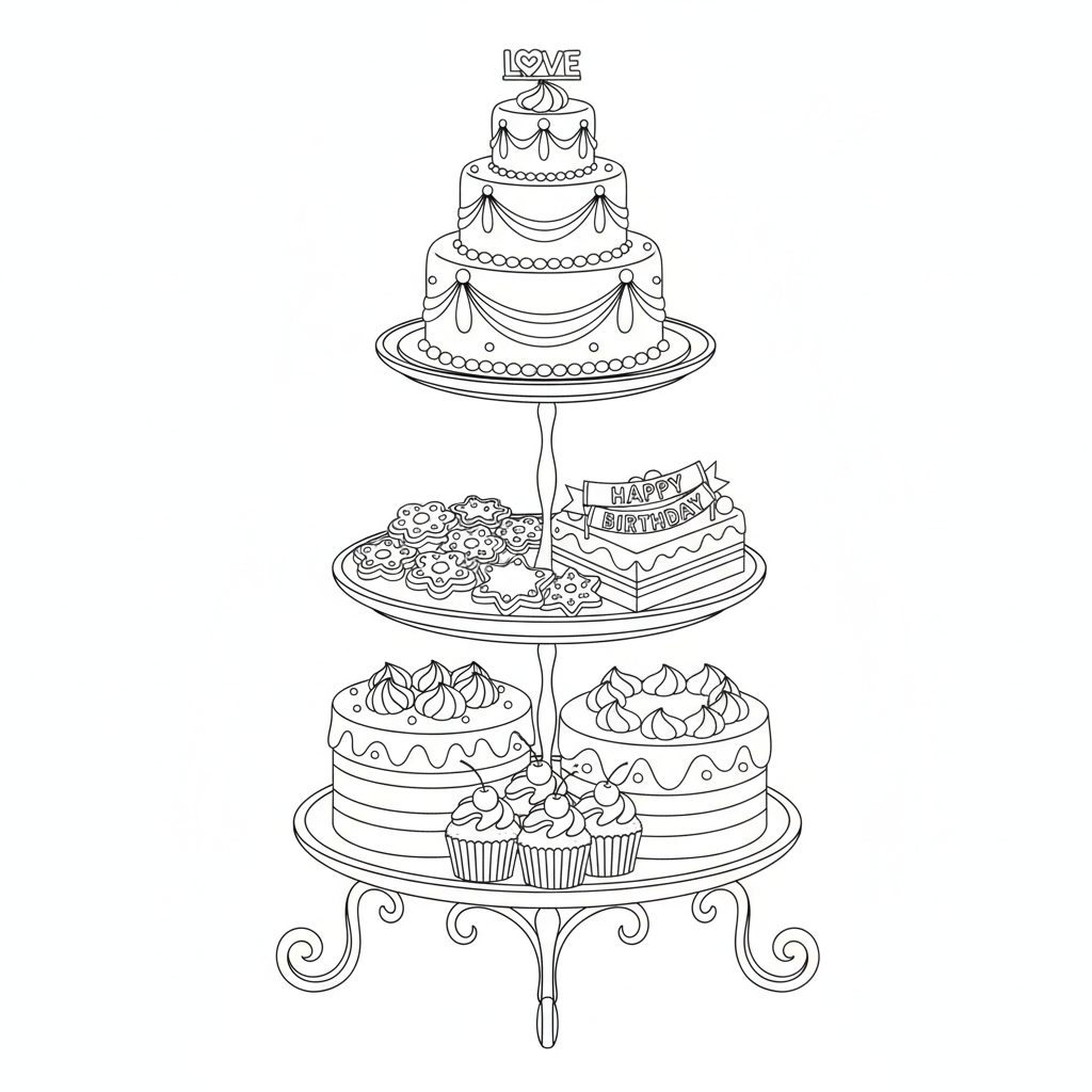 Cake stand display elegant presentation - Free Printable Coloring Page Cake stand display elegant presentation - Free Printable Coloring Page