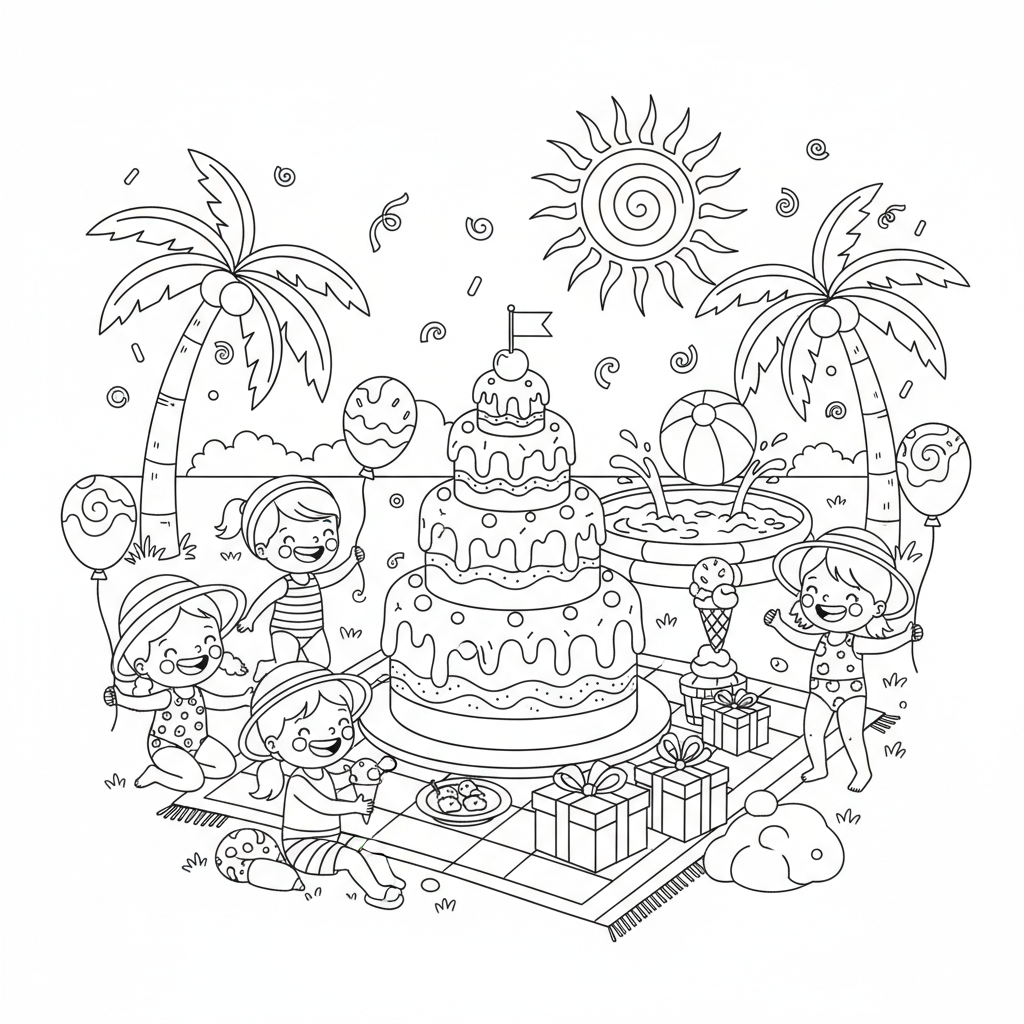 Ice Cream Cake Summer Party - Free Printable Coloring Page Ice Cream Cake Summer Party - Free Printable Coloring Page