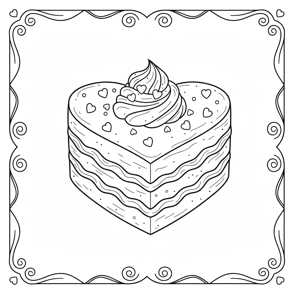 Red Velvet Cake Heart Shaped - Free Printable Coloring Page Red Velvet Cake Heart Shaped - Free Printable Coloring Page