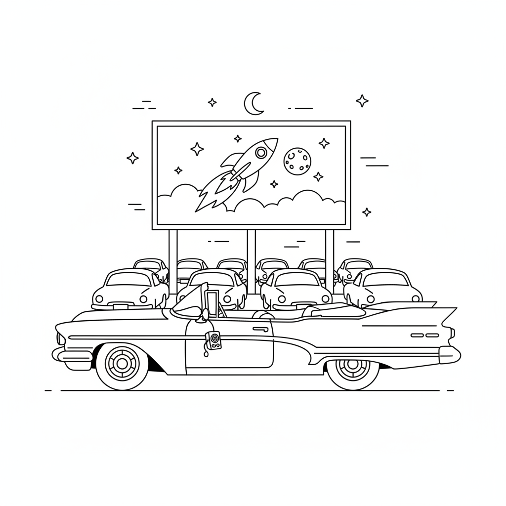 Car at drive-in movie theater big screen night - Free Printable Coloring Page