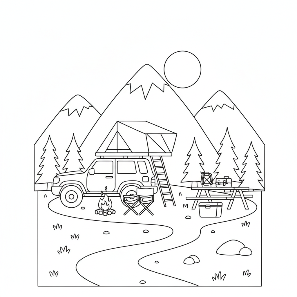 Car camping setup with rooftop tent mountain backdrop - Free Printable Coloring Page Car camping setup with rooftop tent mountain backdrop - Free Printable Coloring Page