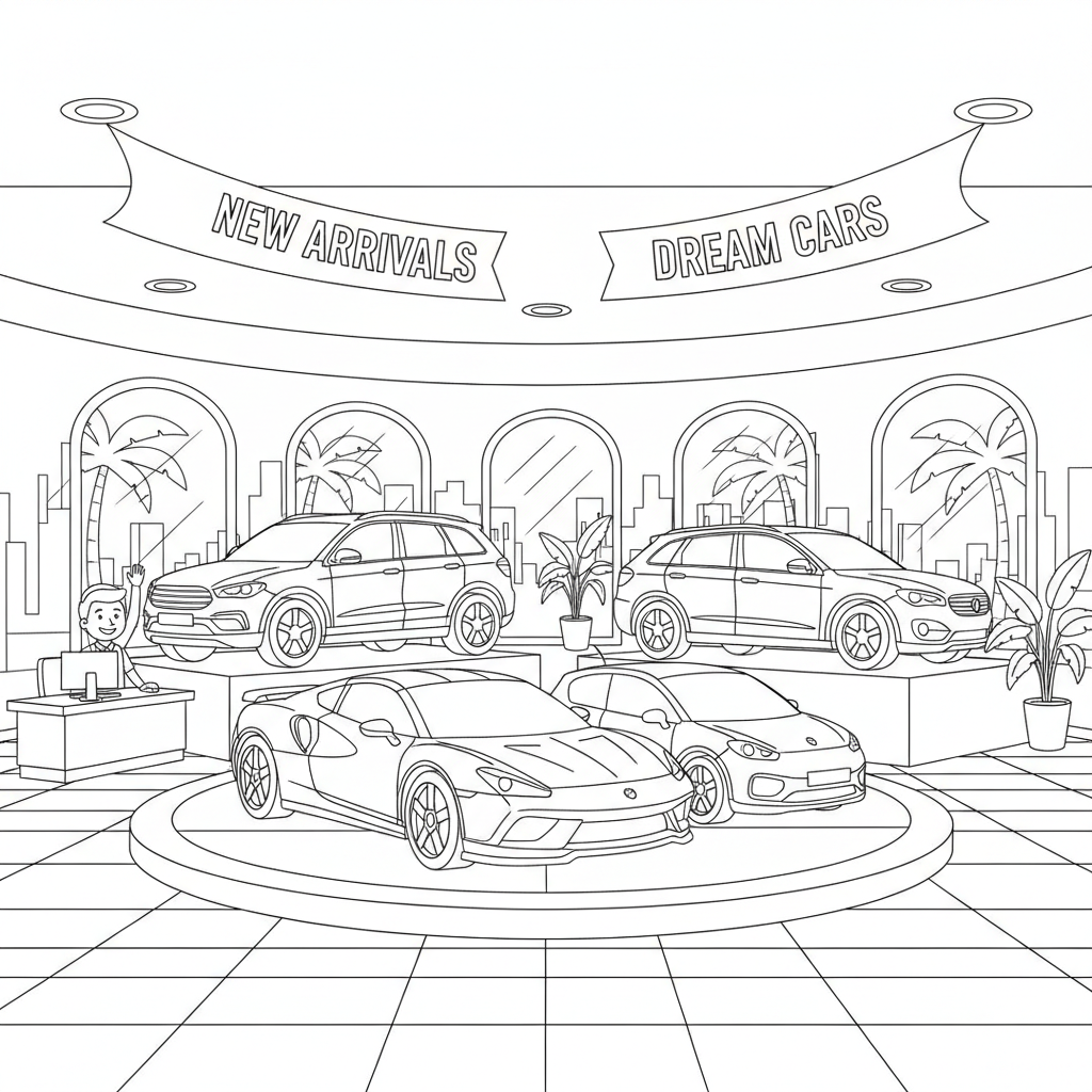 Car dealership showroom shiny new models on display - Free Printable Coloring Page
