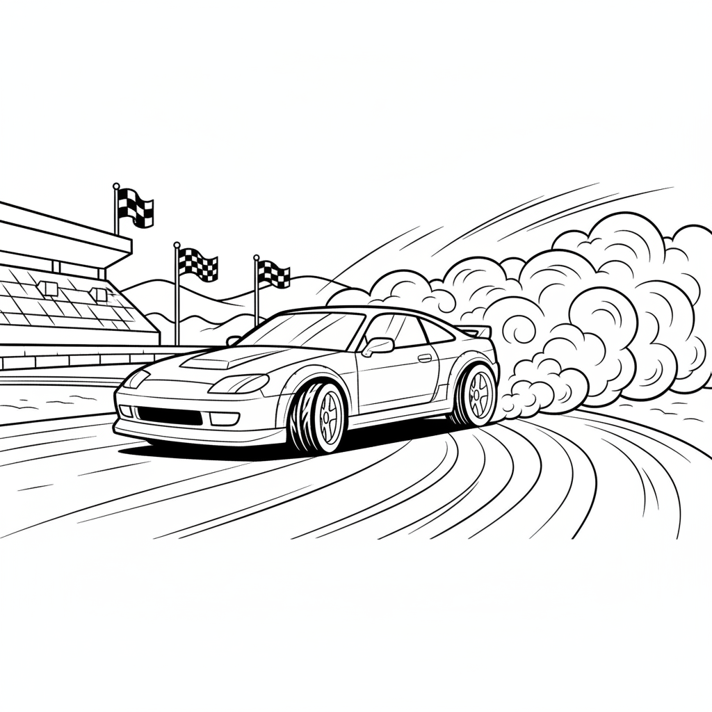 Car drifting around corner with tire smoke racing - Free Printable Coloring Page
