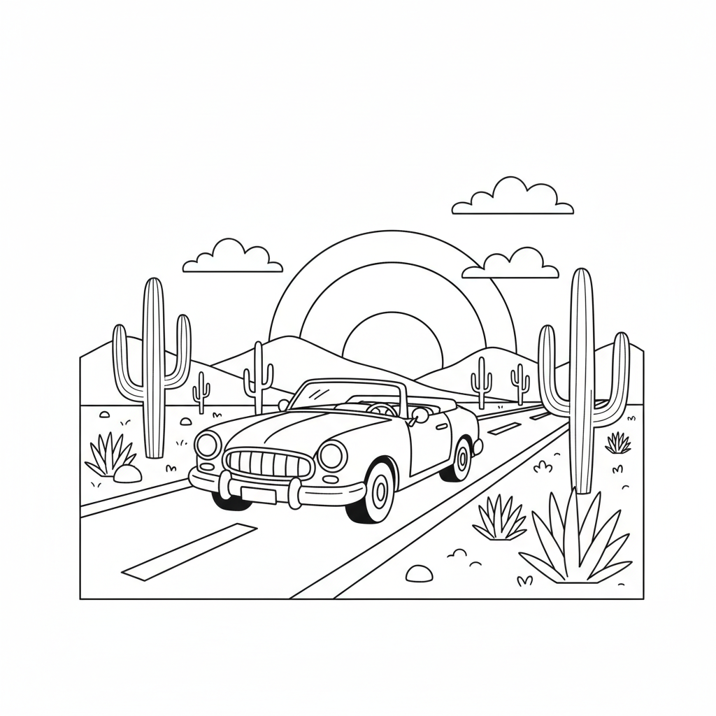 Car driving across long desert highway straight road - Free Printable Coloring Page