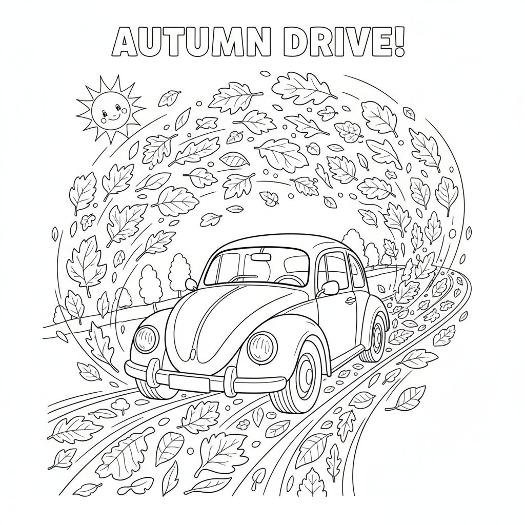 Auto fährt durch eine Straße mit wirbelndem Herbstlaub - Free Printable Coloring Page Auto fährt durch eine Straße mit wirbelndem Herbstlaub - Free Printable Coloring Page