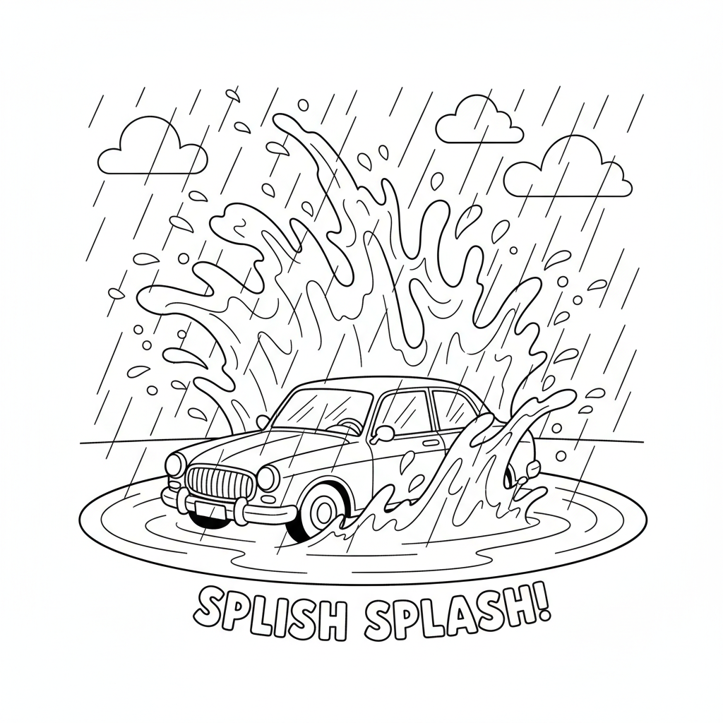 Car driving through deep puddle huge splash rainy - Free Printable Coloring Page