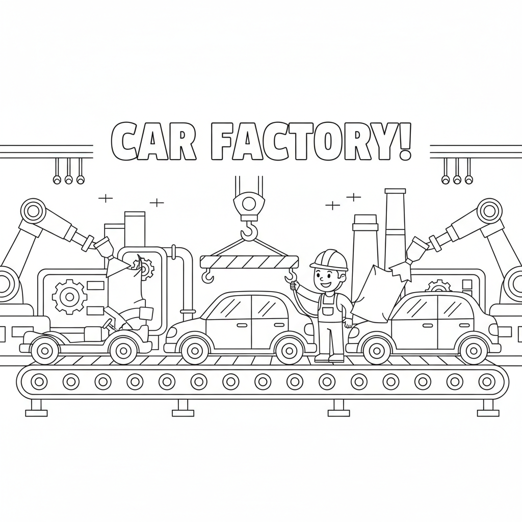 Automobilwerk-Montagelinie - Kostenloses druckbares Ausmalbild Automobilwerk-Montagelinie - Kostenloses druckbares Ausmalbild