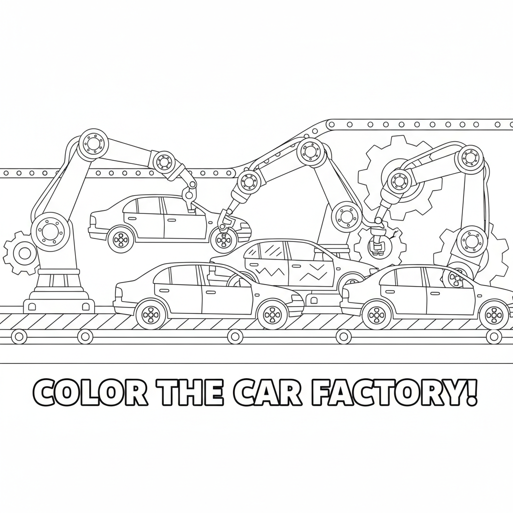 Car factory robots assembling vehicles on production line - Free Printable Coloring Page