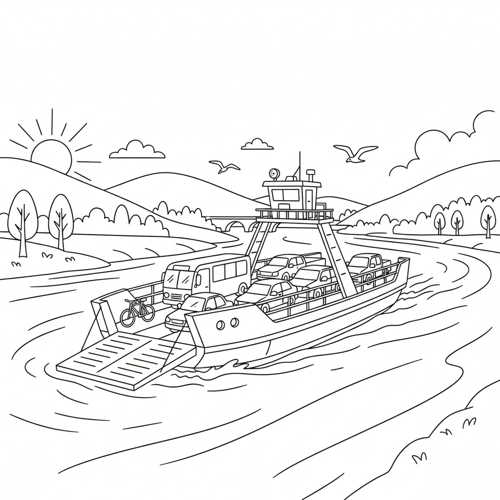 Car ferry boat carrying vehicles across wide river - Free Printable Coloring Page